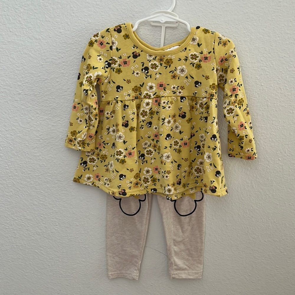 Minnie Mouse 2 piece 24 month yellow long sleeve shirt/ tan pants with design